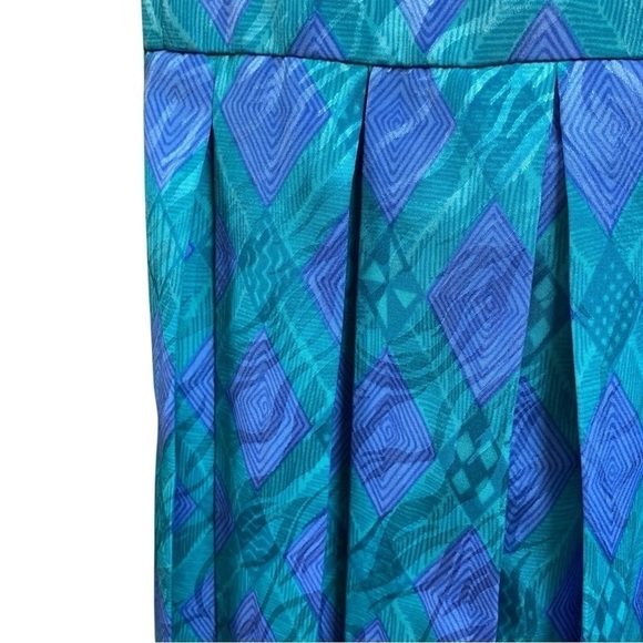 Vtg 80s Papell Petites Checkered Print Pleated Dress Teal Green Purple Size 8P - Picture 3 of 7
